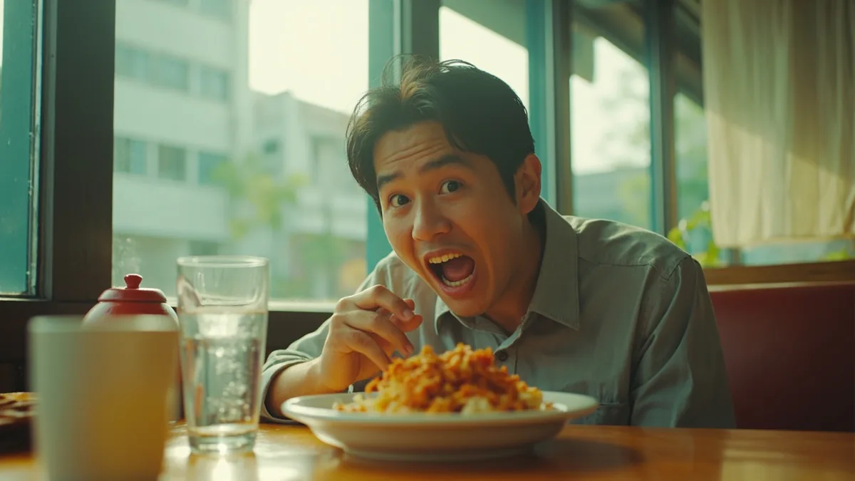 An adult reacts to very hot food with a surprised expression and open mouth, illustrating “so spicy” in Chinese: 好辣！ (hǎo là!)