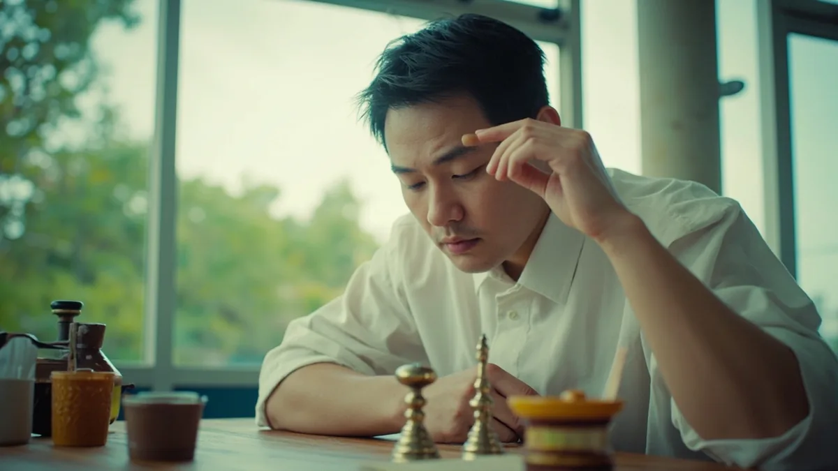 An adult makes a gesture of sudden realization while looking at an object, illustrating “so that's how it is” in Chinese: 原来如此 (yuánlái rúcǐ)