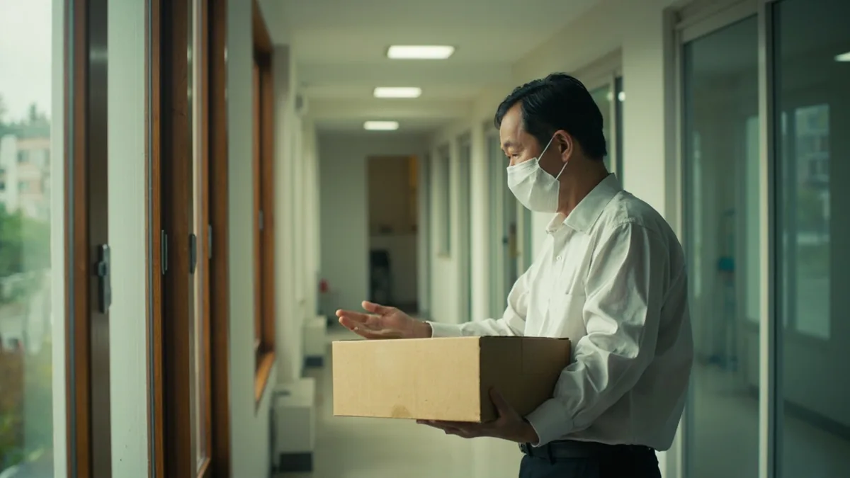 A neighbor asks for help carrying a box with an apologetic expression, illustrating “sorry to trouble you” in Chinese: 麻烦你了 (máfan nǐ le)