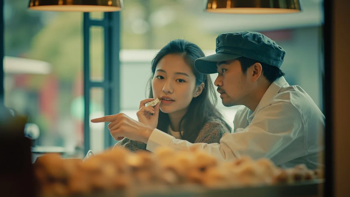 A visitor tries to communicate with a cafe worker using gestures, illustrating “speak English” in Chinese: 说英语 (shuō yīngyǔ)