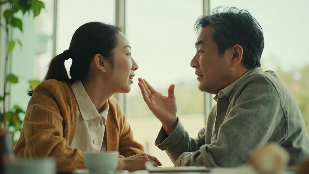 Two people are in conversation, one encouraging the other to talk, illustrating “speak” in Chinese: 说 (shuō)