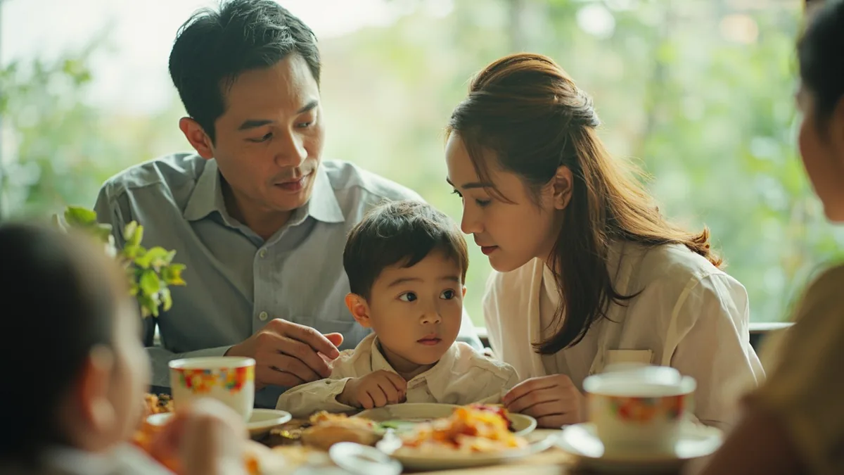 A parent prompts a child to express gratitude to an adult, illustrating “speak thank you” in Chinese: 说谢谢 (shuō xièxie)