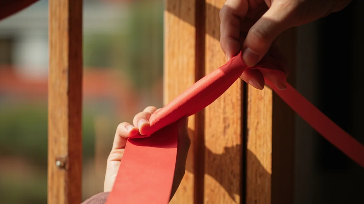 Hands smoothing a long strip of plain red paper onto a wooden door frame, illustrating “spring couplets” in Chinese: 春联 (chūnlián)