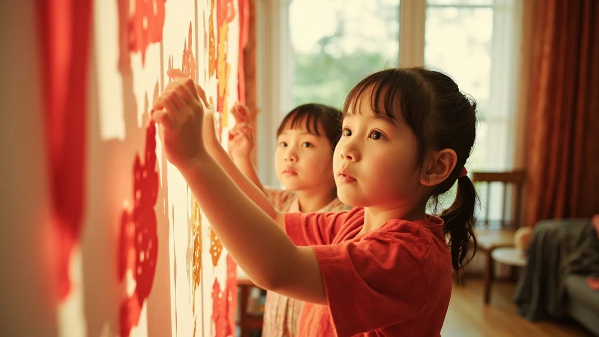 A family decorates a home with festive ornaments for the upcoming holiday, illustrating “spring festival (Chinese New Year)” in Chinese: 春节 (Chūnjié)