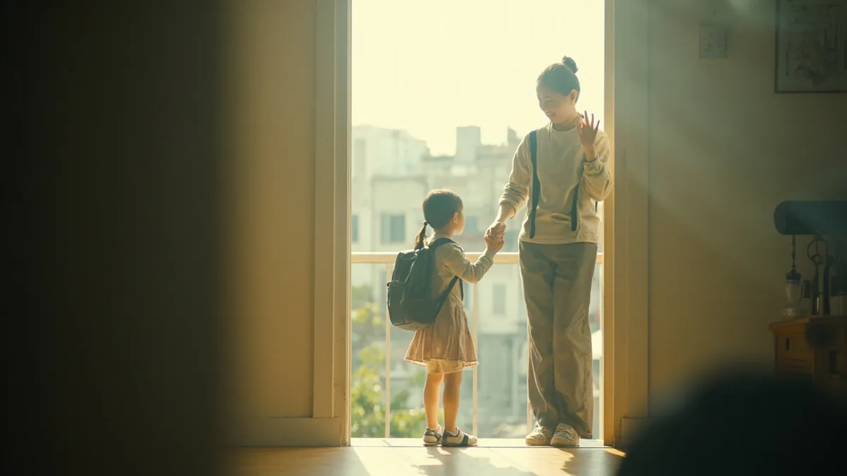 A parent waves goodbye to a child leaving for school, illustrating “stay safe” in Chinese: 注意安全 (zhùyì ānquán)