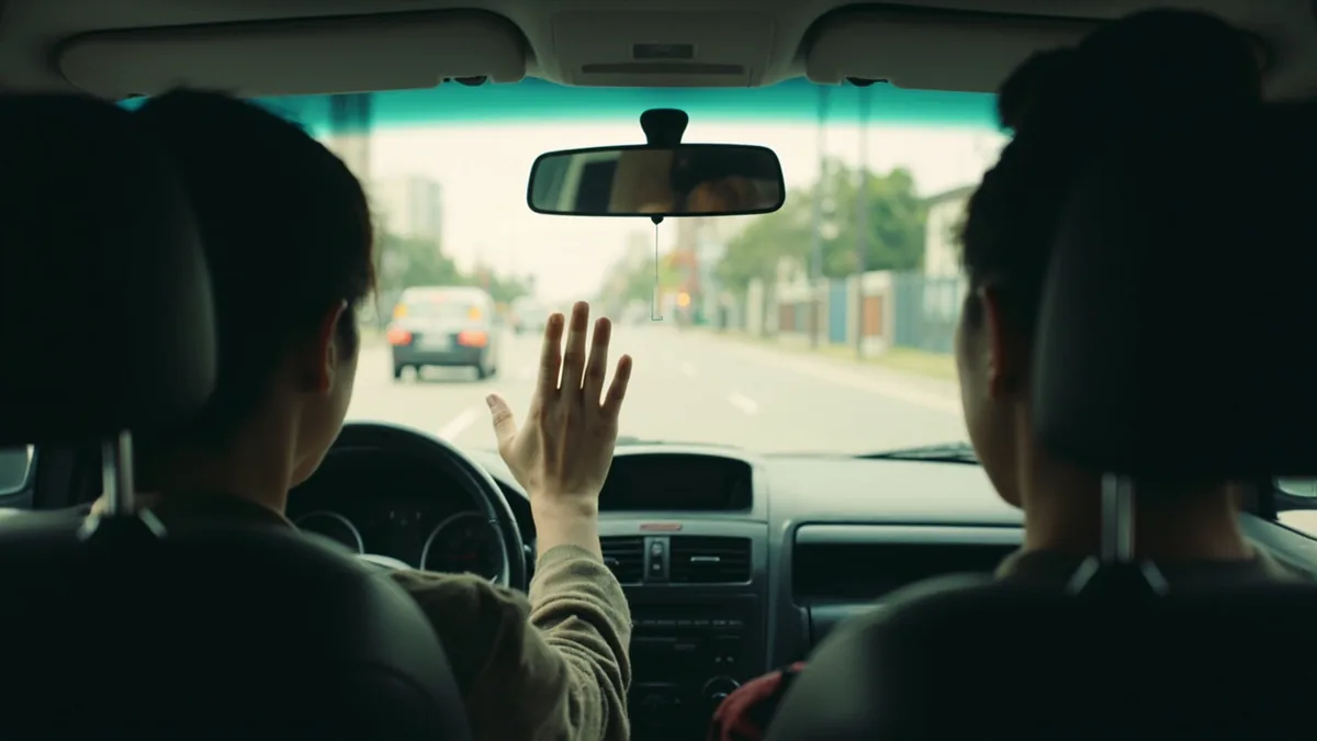 A passenger gestures for a taxi to stop at a corner, illustrating “stop here, please” in Chinese: 在这儿停 (zài zhèr tíng)