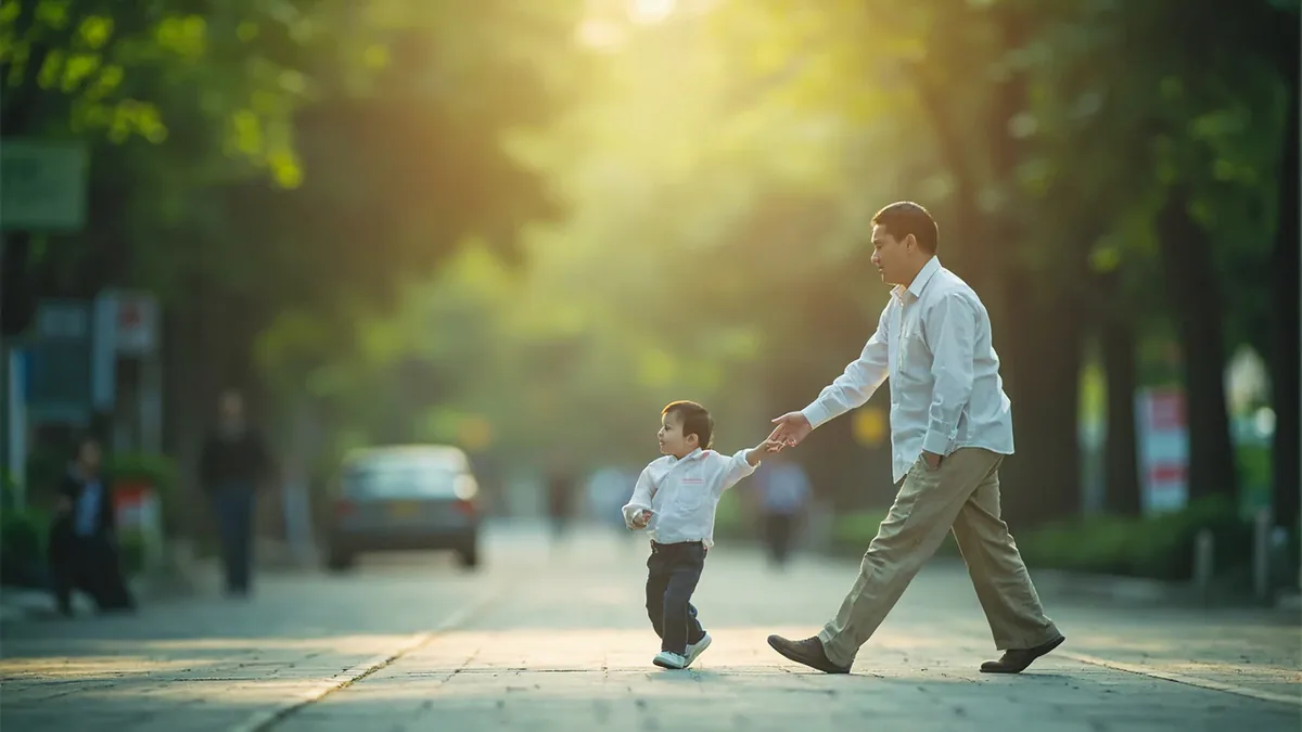 A parent uses a gentle hand gesture to stop a young child from running into a busy area, illustrating “stop” in Chinese: 停 (tíng)