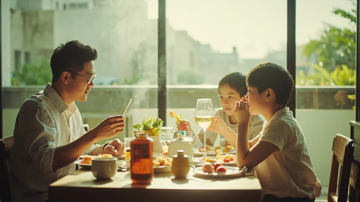 A family enjoys a relaxed meal together on a weekend, illustrating “sunday” in Chinese: 星期天 (xīngqītiān)