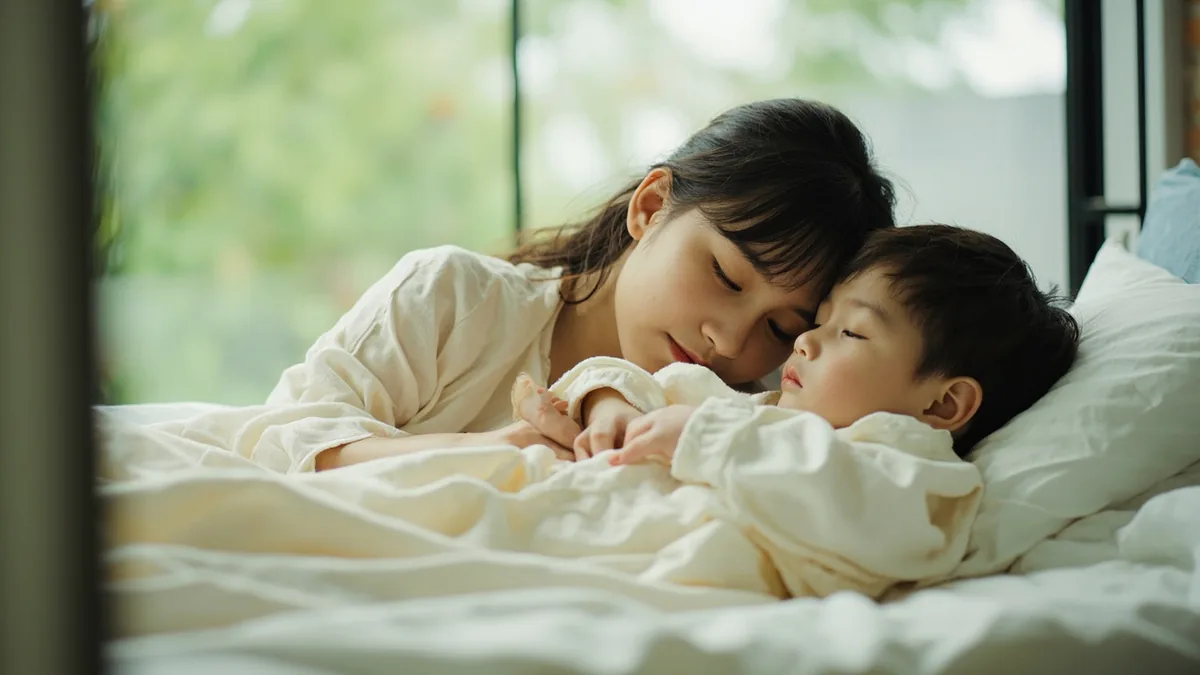 A parent tucks a child into bed with a gentle smile, illustrating “sweet dream good night” in Chinese: 晚安，做个好梦 (wǎn'ān, zuò ge hǎo mèng)