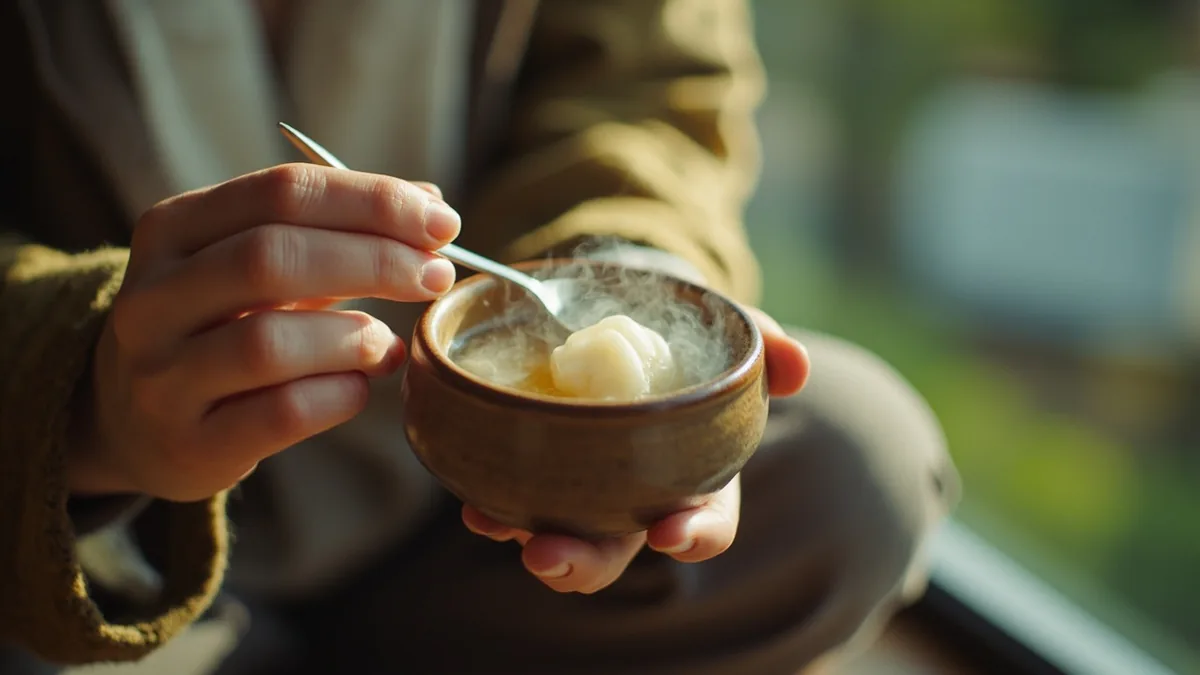 A person holds a bowl of warm tangyuan with a spoon, illustrating “sweet rice balls (tang yuan)” in Chinese: 汤圆 (tāngyuán)