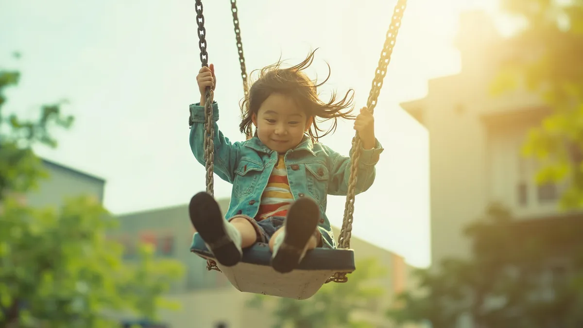 A child joyfully swings high on a playground swing, illustrating “swing on the swing” in Chinese: 荡秋千 (dàng qiūqiān)