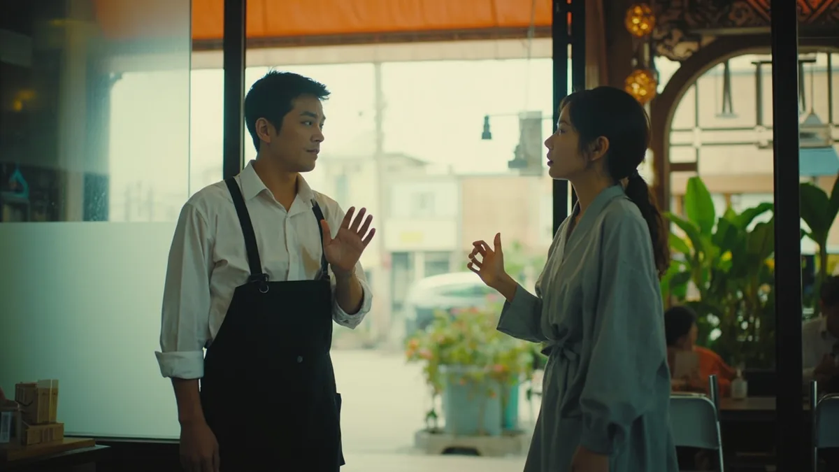 A cafe worker waves goodbye to a departing customer, illustrating “take care — please come again” in Chinese: 慢走，欢迎再来 (mànzǒu, huānyíng zàilái)