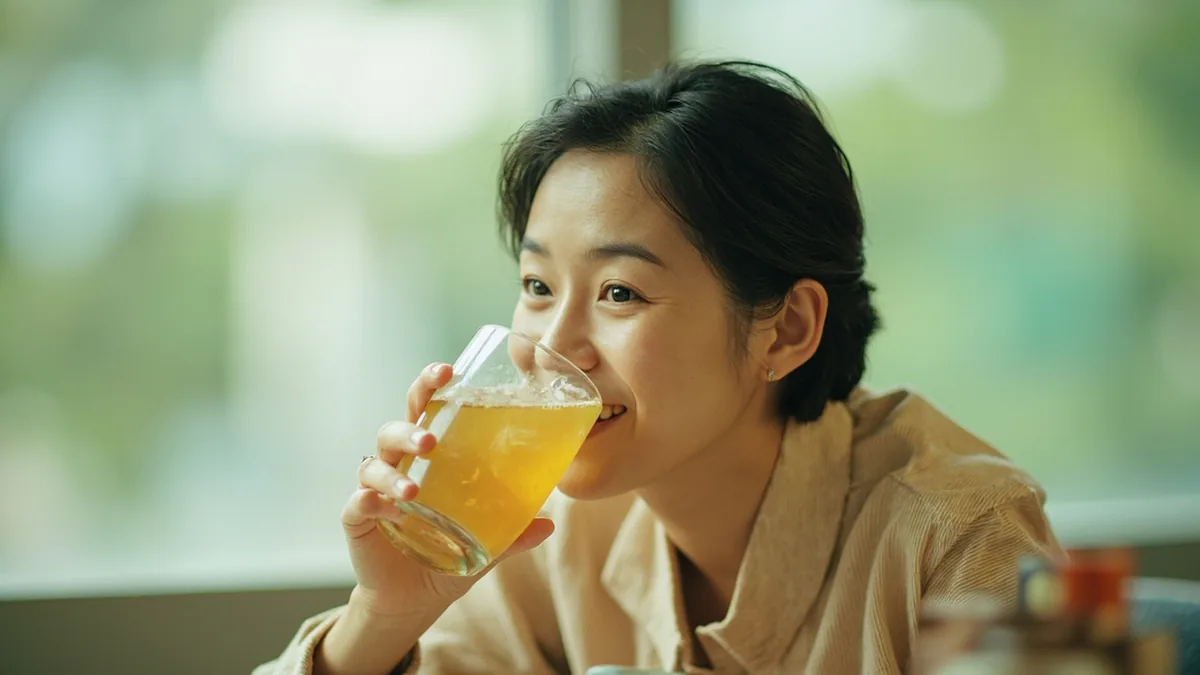 A person sips a beverage with a pleased expression, illustrating “tasty (drink)” in Chinese: 好喝 (hǎo hē)
