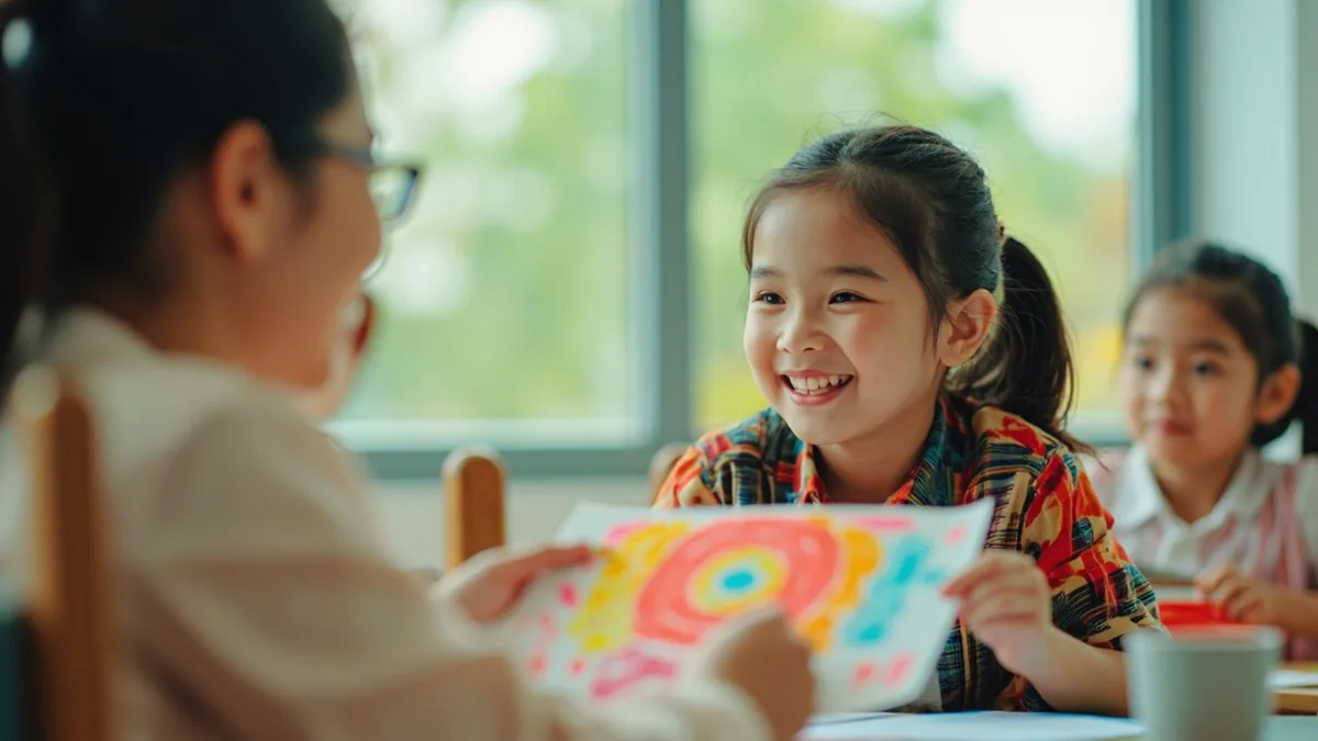 A young student hands a drawing to their teacher, illustrating “teacher” in Chinese: 老师 (lǎoshī)