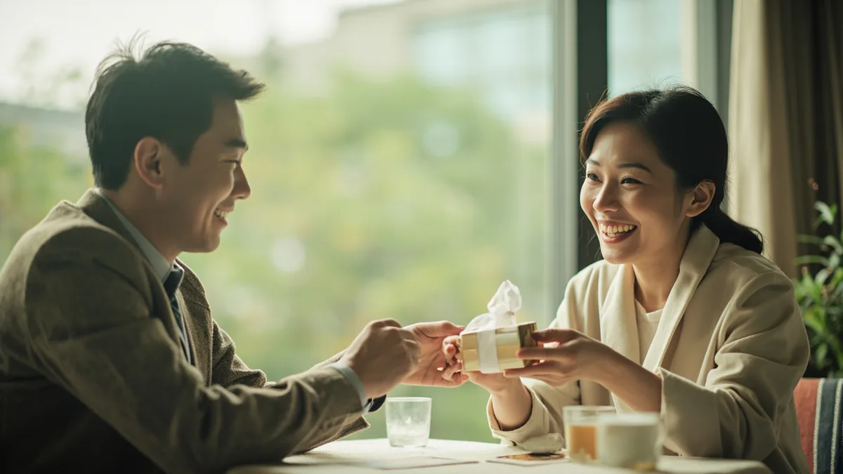 A person smiles while unwrapping a carefully presented gift, illustrating “thank you for the gift” in Chinese: 谢谢你的礼物 (xièxie nǐ de lǐwù)