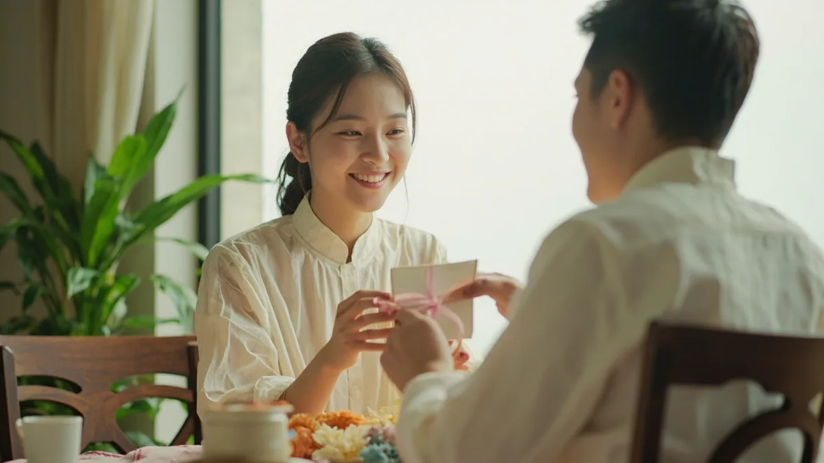 A young woman accepts a small, elegantly wrapped gift from a friend, illustrating “thank you for the invitation” in Chinese: 谢谢你的邀请 (xièxie nǐ de yāoqǐng)