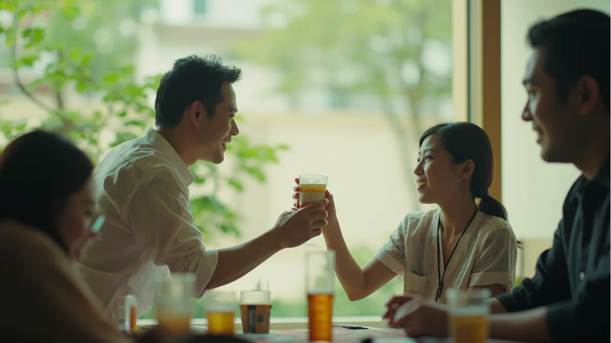 A person offers a refreshing drink to a delivery driver, illustrating “thank you for your hard work” in Chinese: 辛苦了 (xīnkǔ le)