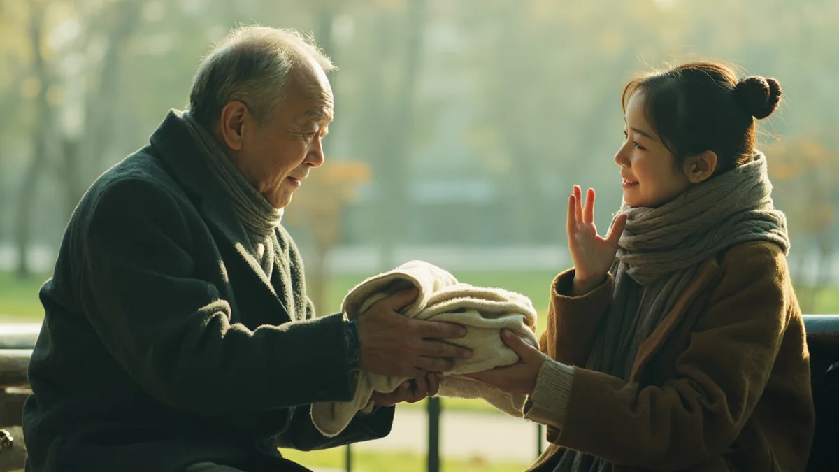 An elderly man offers a blanket to a younger person on a cold day, illustrating “thank you for your kindness” in Chinese: 谢谢你的好意 (xièxie nǐ de hǎoyì)