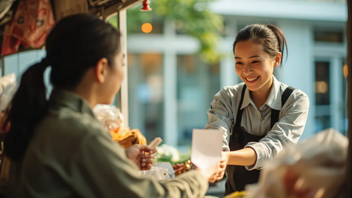 A cashier hands a blank receipt to a customer, illustrating “thank you for your patronage” in Chinese: 谢谢惠顾 (xièxie huìgù)