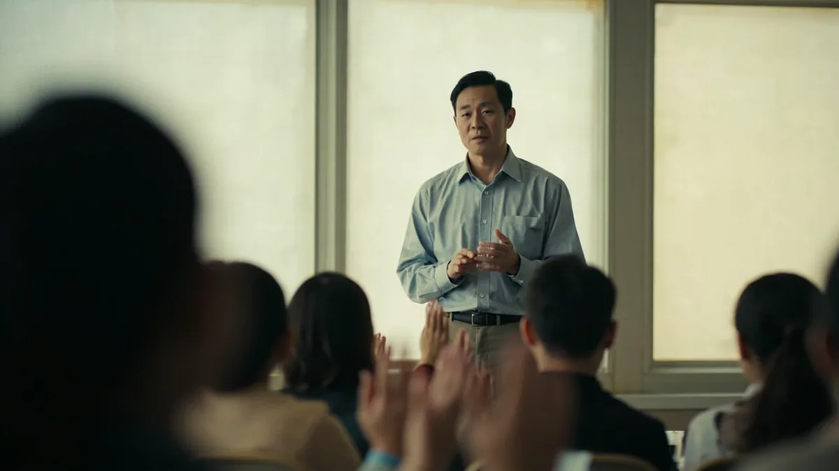 A speaker receives applause after giving a community presentation, illustrating “thank you for your support” in Chinese: 谢谢你的支持 (xièxie nǐ de zhīchí)