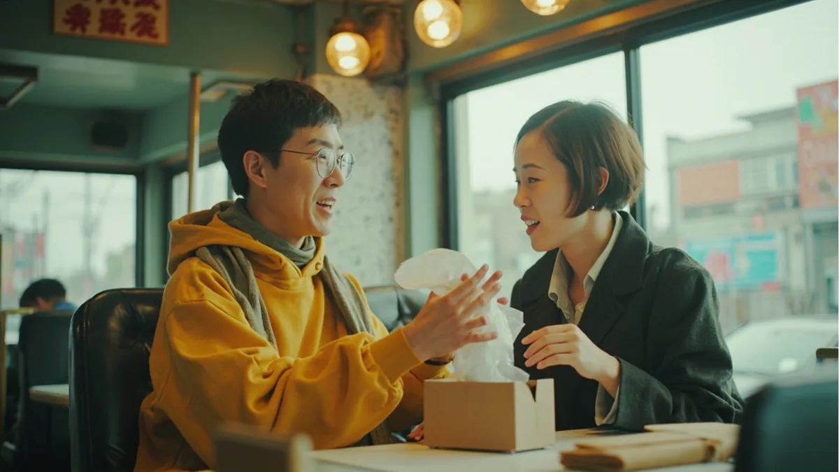 Two people exchange a gift at a cafe, illustrating “thank you” in Chinese: 谢谢 (xièxie)