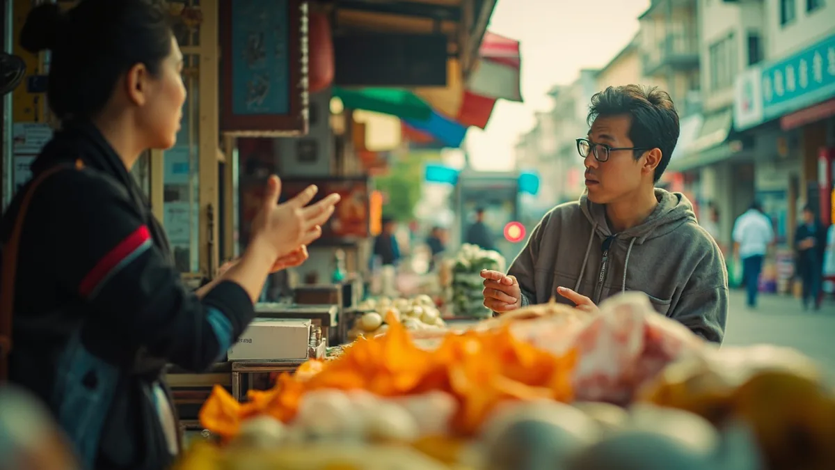 A traveler expresses thanks to a local who understood their foreign language, illustrating “thank you to English” in Chinese: 谢谢你（说）英语 (xièxie nǐ (shuō) yīngyǔ)
