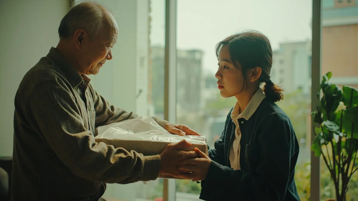 An older person thanks a younger person for considerable help, illustrating “thank you very much” in Chinese: 非常感谢 (fēicháng gǎnxiè)