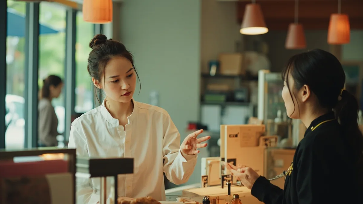 A cashier in a small shop indicates a final purchase amount, illustrating “that's 3,000 yen in total” in Chinese: 一共是三千日元 (yīgòng shì sānqiān rìyuán)