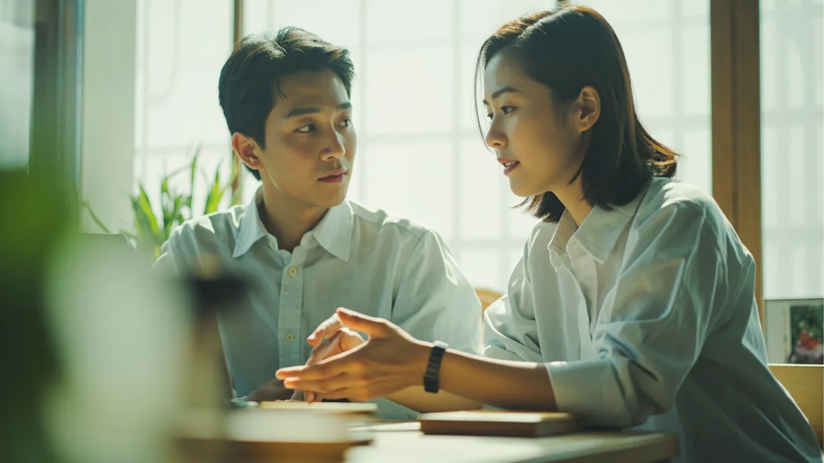 Two colleagues discuss a common procedure, one gesturing with a simple tool to illustrate a method, illustrating “that's standard industry practice” in Chinese: 这是行业惯例 (zhè shì hángyè guànlì)