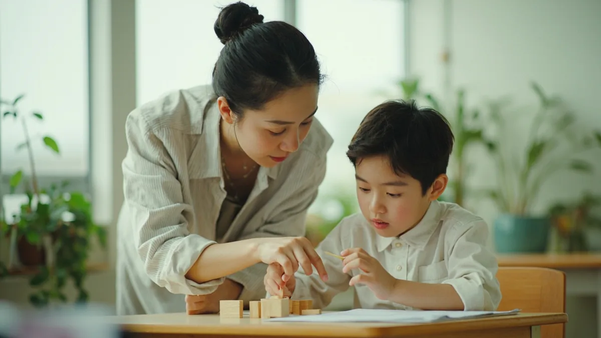 Teacher points to a misaligned block in a student's construction, illustrating “that's not right” in Chinese: 不对 (bú duì)