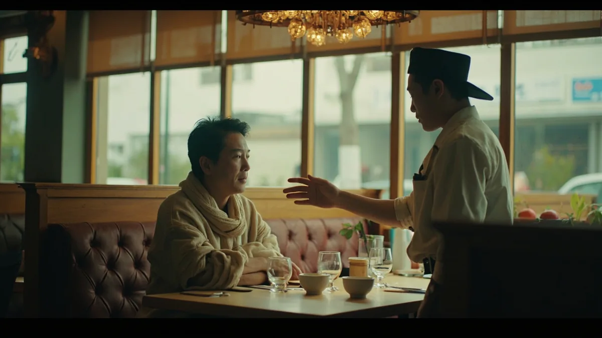 A diner in a busy restaurant gestures to a server for their check, illustrating “the bill, please” in Chinese: 买单 (mǎi dān)