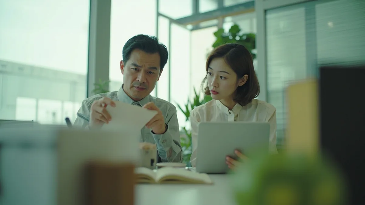 Two colleagues discuss a client's concerns in a quiet office, illustrating “the client has complaints” in Chinese: 客户有意见 (kèhù yǒu yìjian)