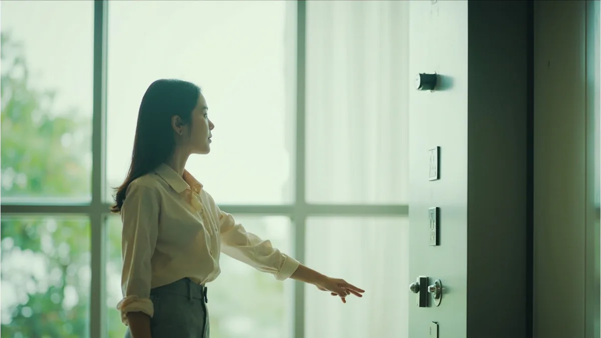 A friendly building attendant points towards an elevator door, illustrating “the elevator is over there” in Chinese: 电梯在那边 (diàntī zài nàbian)