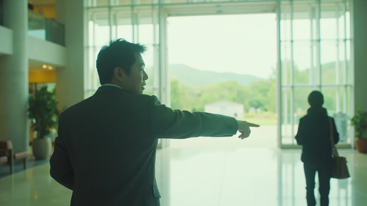 A helpful person points the way to an exit in a public space, illustrating “the exit is over there” in Chinese: 出口在那边 (chūkǒu zài nàbiān.)