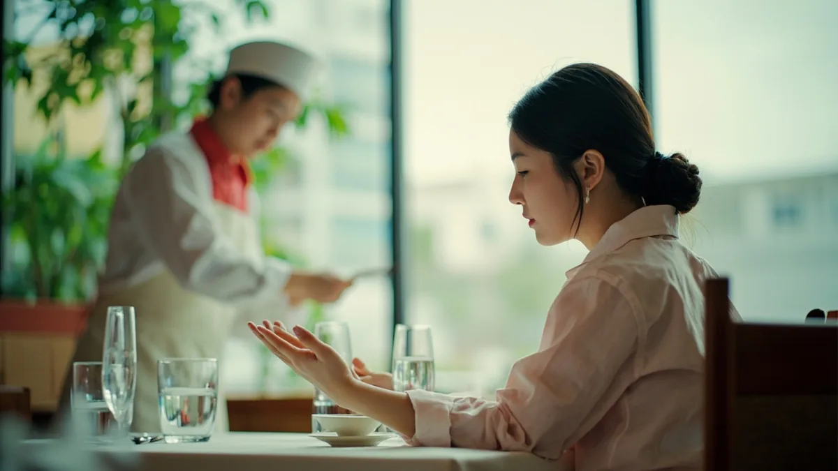 A diner politely gestures for a menu in a restaurant, illustrating “the menu, please” in Chinese: 菜单给我看一下 (càidān gěi wǒ kàn yīxià)
