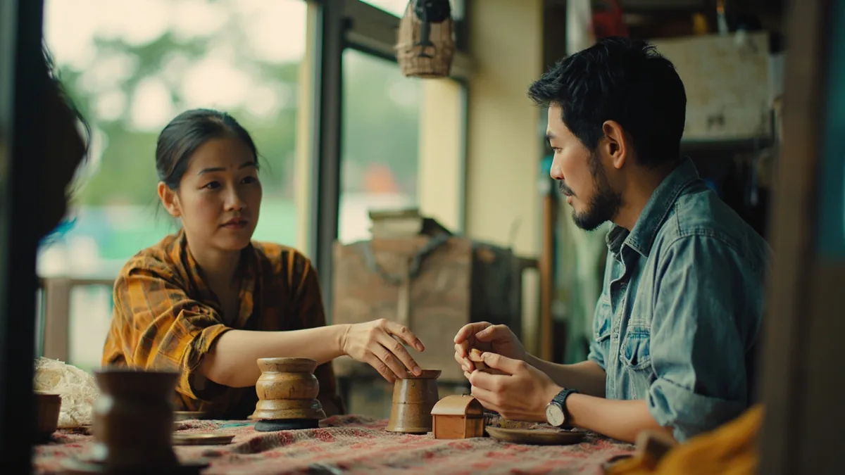 A vendor and customer discuss an item's price at a street stall, illustrating “the price is negotiable” in Chinese: 价格可以谈 (jiàgé kěyǐ tán)