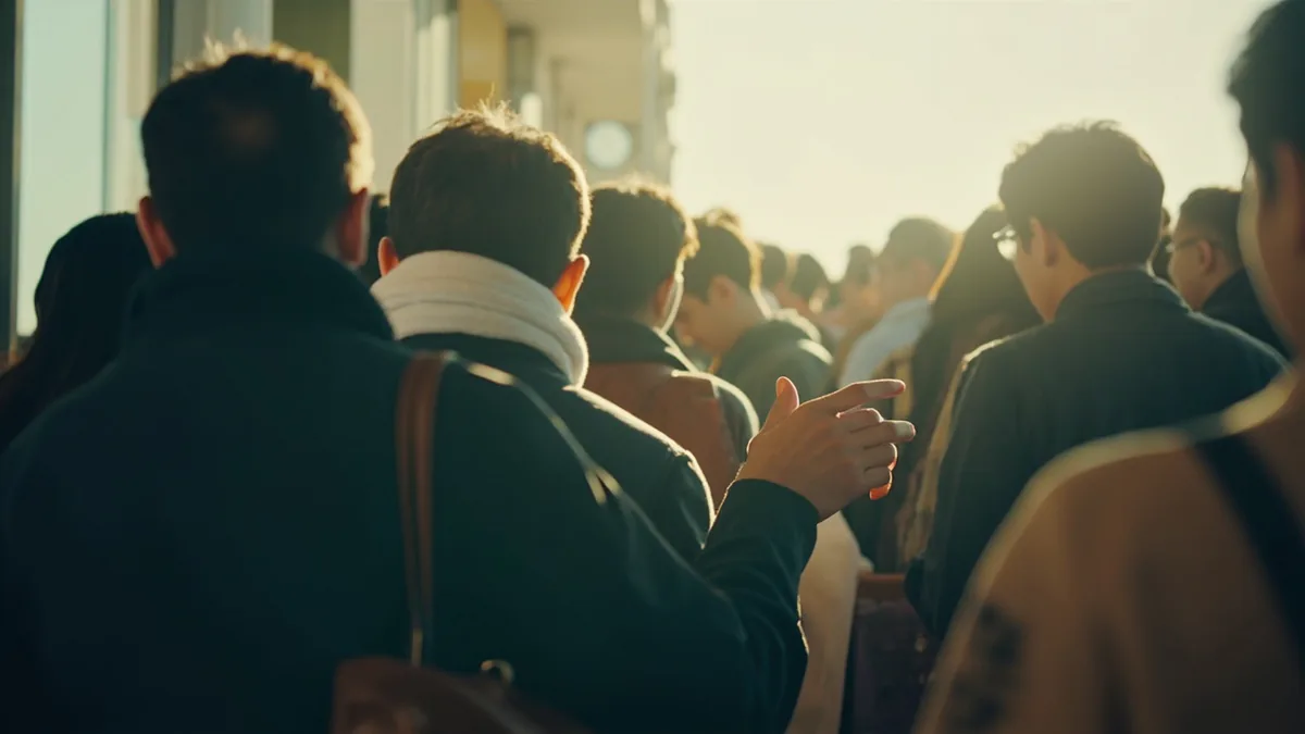 People patiently wait in a lengthy queue at an event, illustrating “there's a long line” in Chinese: 排队的人很多 (páiduì de rén hěn duō)