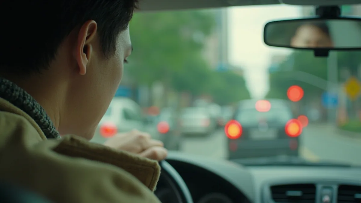 A person looks impatiently out a car window at slow traffic, illustrating “there's a traffic jam” in Chinese: 堵车了 (dǔchē le)