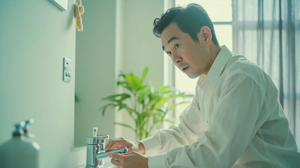 A person checks a shower faucet, looking surprised by cold water, illustrating “there's no hot water” in Chinese: 没有热水 (méiyǒu rèshuǐ)
