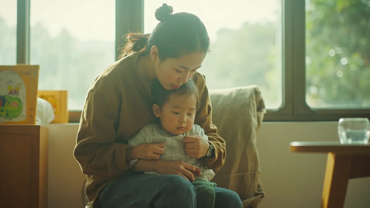An adult gently comforts a small child who is feeling scared, illustrating “there, there — don't be scared” in Chinese: 不怕不怕 (bú pà bú pà)