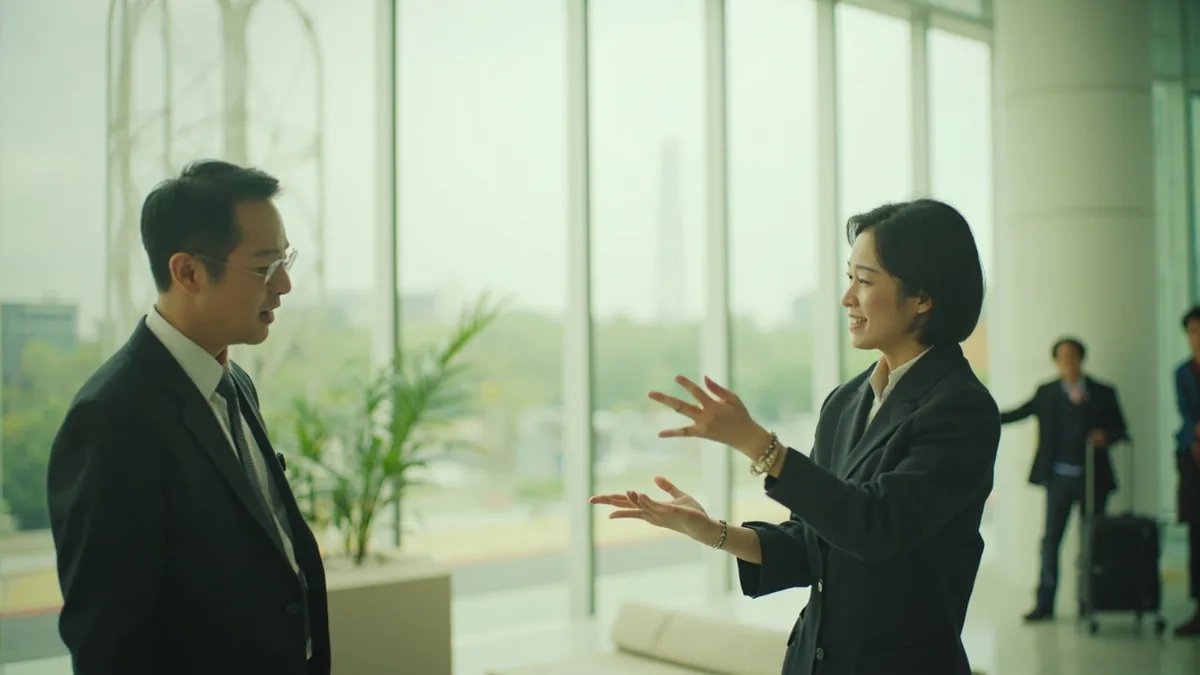 One professional introduces a colleague to another person, illustrating “this is my colleague” in Chinese: 这是我的同事 (zhè shì wǒ de tóngshì)