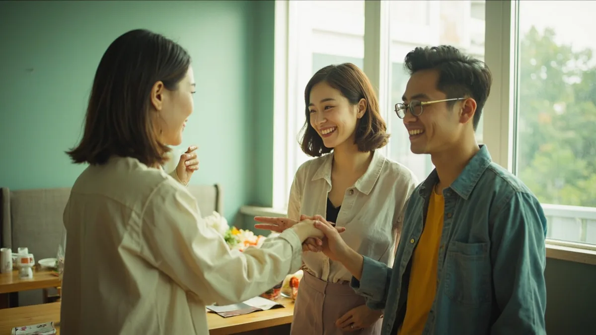 One person introduces a friend to another with a friendly gesture, illustrating “this is my friend” in Chinese: 这是我朋友 (zhè shì wǒ péngyou)