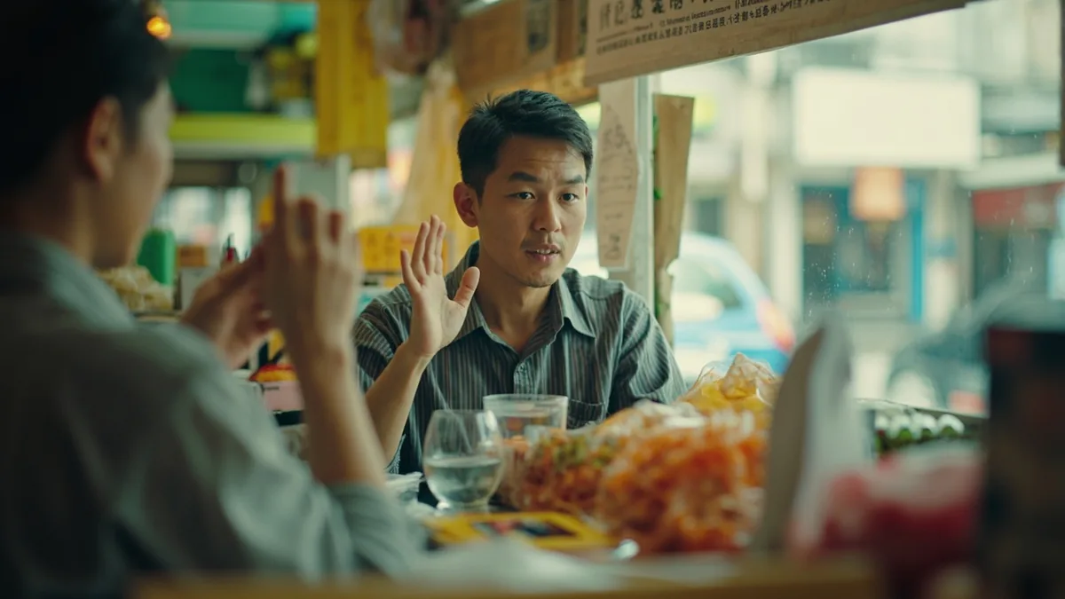 A vendor makes a firm gesture about an item's final price, illustrating “this is our best price” in Chinese: 这是我们的底价 (zhè shì wǒmen de dǐjià)