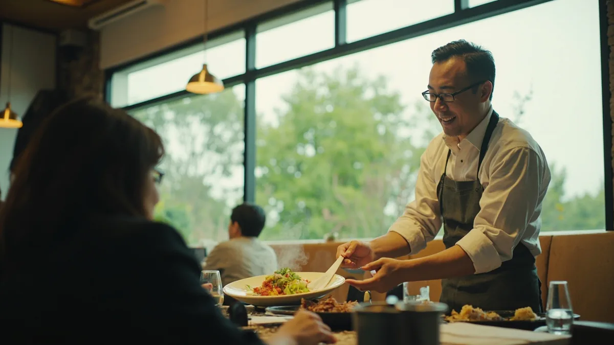 A restaurant server presents a special dish to a diner with pride, illustrating “this is our signature dish” in Chinese: 这是本店的招牌菜 (zhè shì běndiàn de zhāopái cài)