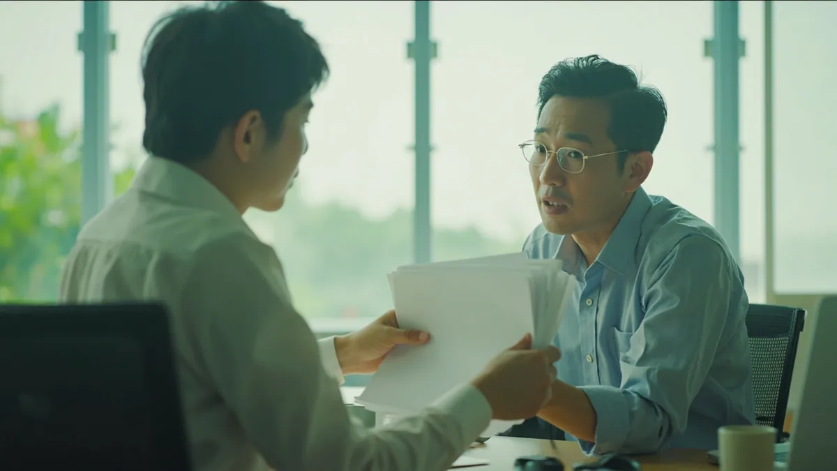 A person hands over a document with an expression of urgency, illustrating “this is urgent” in Chinese: 这个很急 (zhège hěn jí)