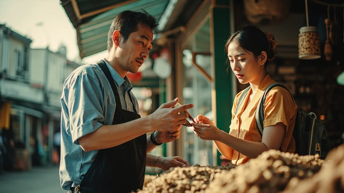 A vendor points to a popular item in a market stall, illustrating “this one is very popular” in Chinese: 这个很受欢迎 (zhège hěn shòu huānyíng)