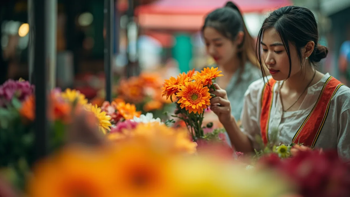 A person carefully selects three vibrant flowers from a market stall, illustrating “three” in Chinese: 三 (sān)