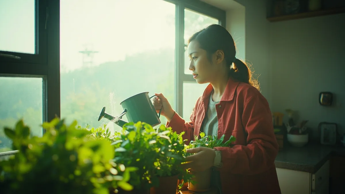 A person waters herbs during a weekday morning routine, illustrating “thursday” in Chinese: 星期四 (xīngqī sì)