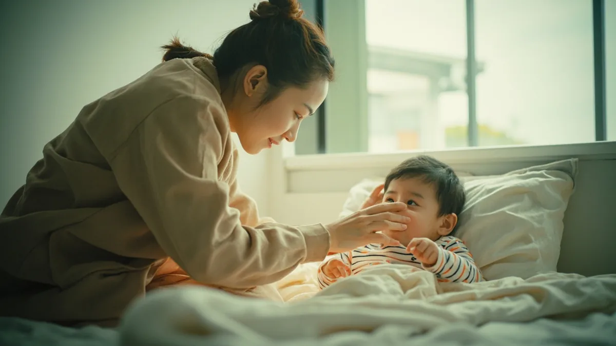 An adult encourages a young child to prepare for sleep, illustrating “time for bed” in Chinese: 该睡觉了 (gāi shuìjiào le.)