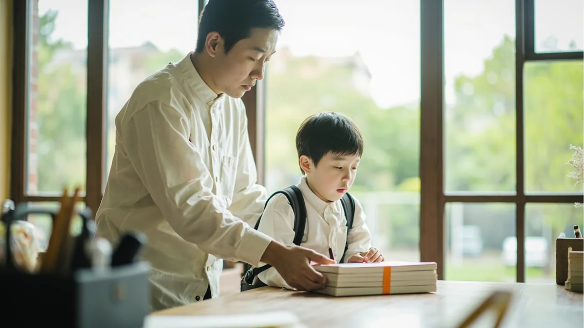 A parent places school books before a child at a table, illustrating “time for homework” in Chinese: 写作业了 (xiě zuòyè le)